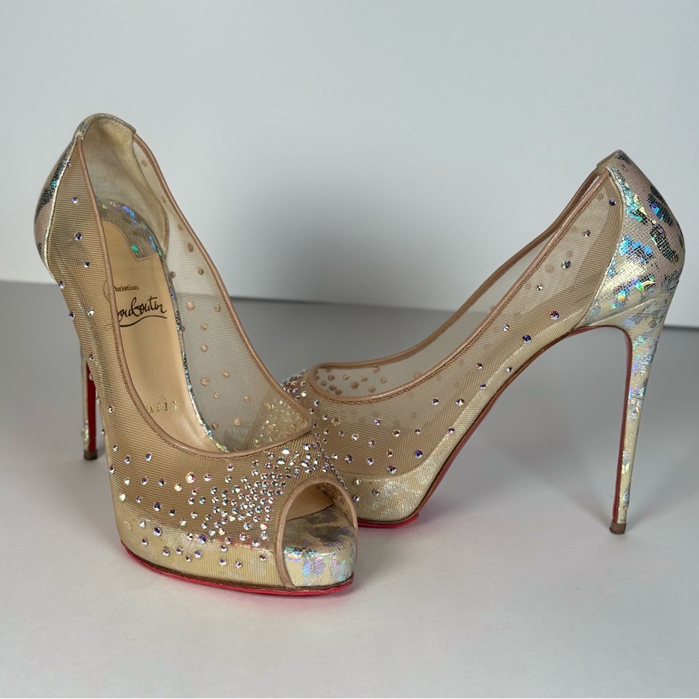 Authentic Christian Louboutin Gold Metallic Crystal Peep-Toe Stilettos